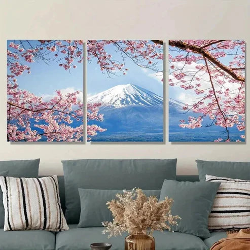 3pcs Cherry Blossom & Mount Fuji Pink Trees Wall Art Set Canvas Unframed - High Quality Print 100% Australian Made Wall Canvas - Bella Home Decor