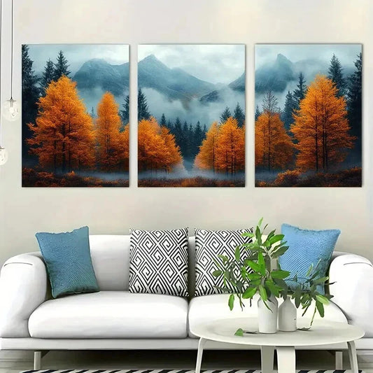 3pcs Autumn Mountain Landscape Misty Perfect Wall Art Set Canvas Framed 50x70cm - High Quality Print 100% Australian Made Wall Canvas Ready to Hang