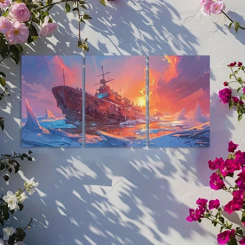 3pcs An Icebreaker Shipwreck in The Arctic Metal Print Ready to Hang Art - Bella Home Decor