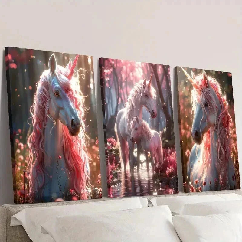 3pcs Pink Hair Unicorn Fantasy Illustration Wall Art Set Canvas Framed 60x90cm - High Quality Print 100% Australian Made Wall Canvas Ready to Hang