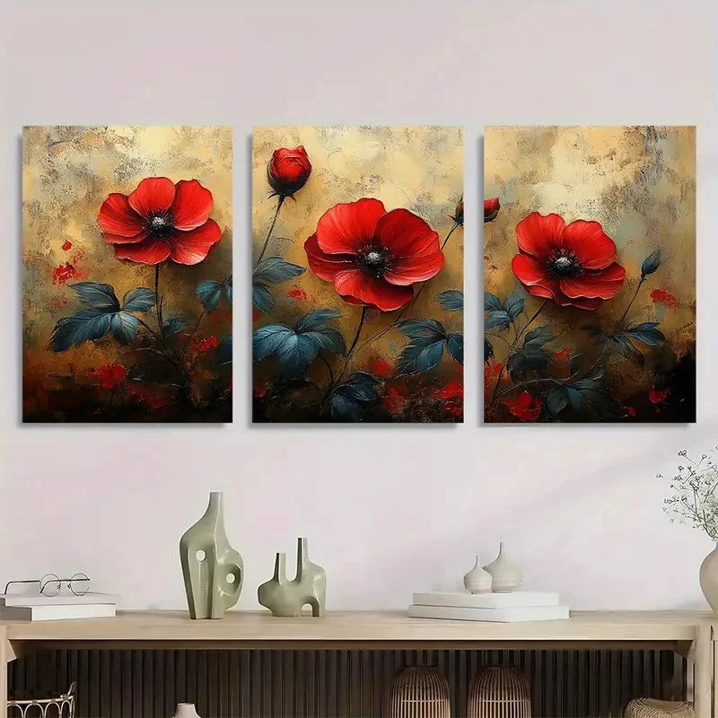 3pcs Rustic Red & Blue Wildflower Perfect Wall Art Set Canvas Framed 40x60cm - High Quality Print 100% Australian Made Wall Canvas Ready to Hang - Bella Home Decor