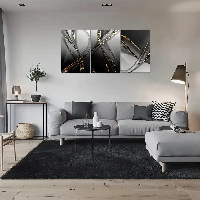 3pcs Black White and Golden Modern Painting Metal Print Ready to Hang Art - Bella Home Decor