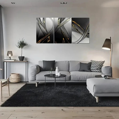 3pcs Black White and Golden Modern Painting Metal Print Ready to Hang Art - Bella Home Decor
