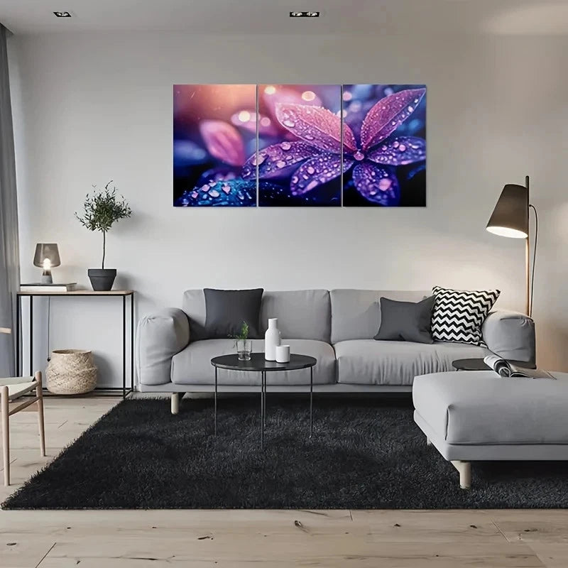 3pcs Purple Leaf with Dewdrops Metal Print Ready to Hang Art