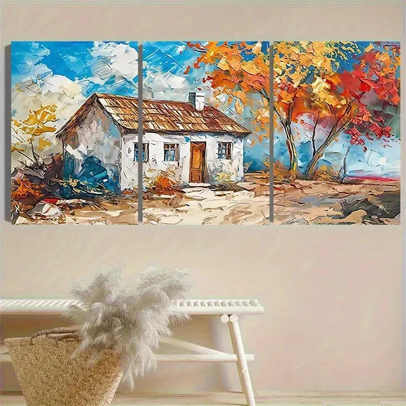 3pcs Cozy Autumn Cottage Landscape Wall Art Set Canvas Framed 60x90cm - High Quality Print 100% Australian Made Wall Canvas Ready to Hang - Bella Home Decor