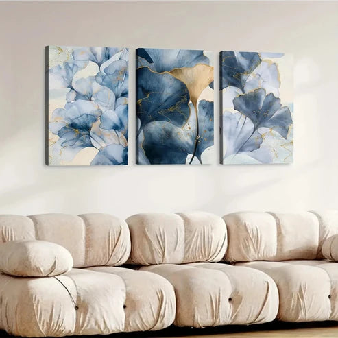 3pcs Blue Botanical Blue Leaves Abstract Wall Art Set Canvas Unframed - High Quality Print 100% Australian Made Wall Canvas - Bella Home Decor