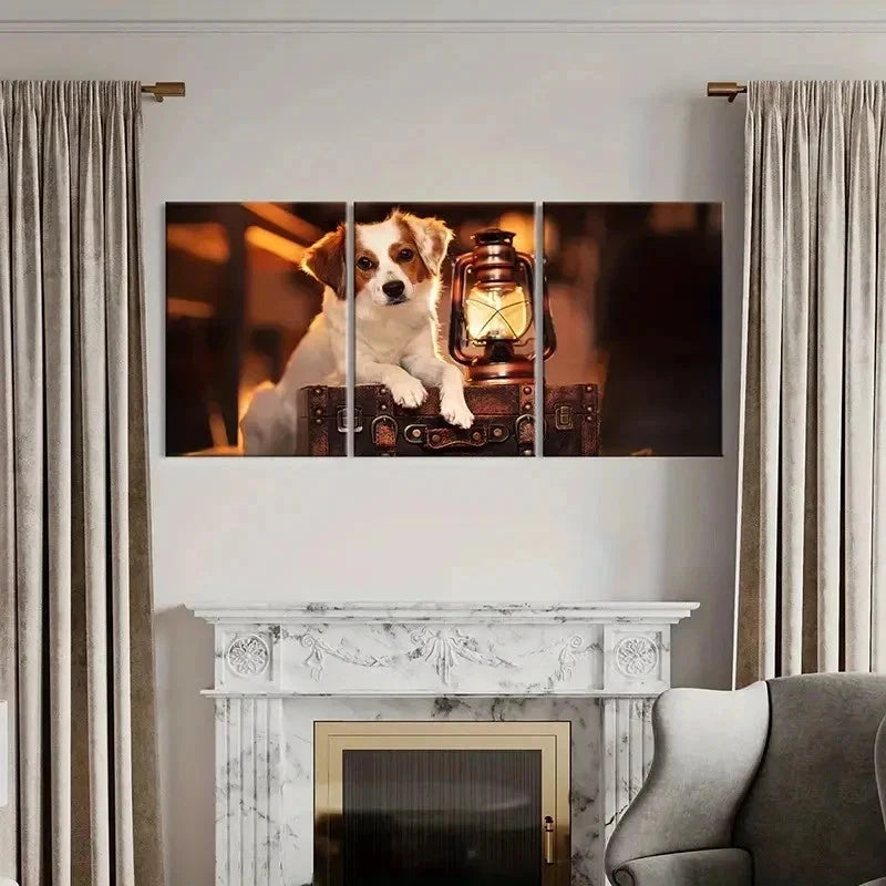 3pcs Puppy Lying On Suitcase & Kerosene Lamp Wall Art Set Canvas Framed 60x90cm - High Quality Print 100% Australian Made Wall Canvas Ready to Hang - Bella Home Decor