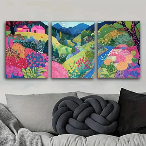 3pcs Colorful Countryside Flowers Hills Wall Art Set Canvas Unframed - High Quality Print 100% Australian Made Wall Canvas - Bella Home Decor