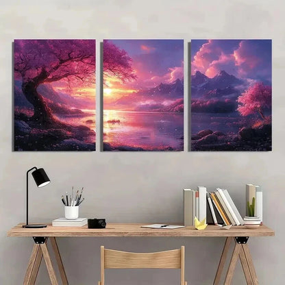 3pcs Pink Blossom Tree & Fantasy Landscape Wall Art Set Canvas Framed 40x60cm - High Quality Print 100% Australian Made Wall Canvas Ready to Hang - Bella Home Decor