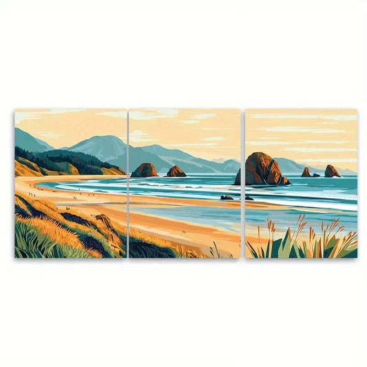 3pcs Cannon Beach Oregon Wall Art Set Canvas Framed 50x70cm - High Quality Print 100% Australian Made Wall Canvas Ready to Hang