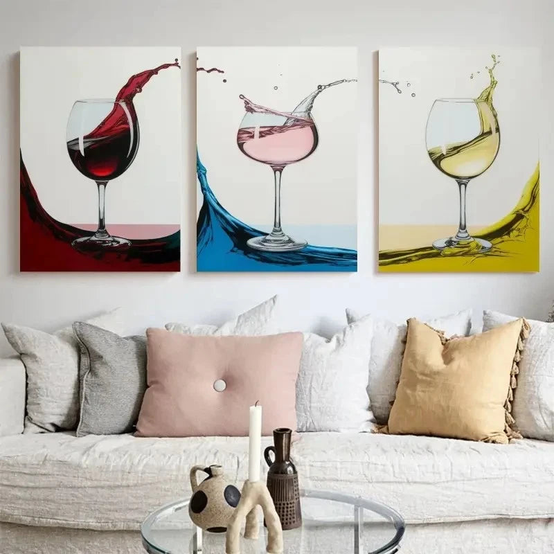 3pcs Modern Wine Glass Vibrant Pouring Wall Art Set Canvas Framed 40x60cm - High Quality Print 100% Australian Made Wall Canvas Ready to Hang