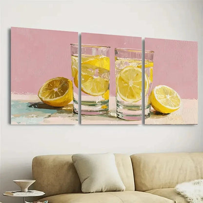 3pcs Lemonade Glasses Light Pink Kitchen Art Wall Art Set Canvas Framed 40x60cm - High Quality Print 100% Australian Made Wall Canvas Ready to Hang