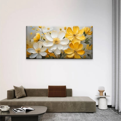 Vibrant Yellow & White Floral Wall Art Canvas Office Home Room Framed 120x60cm