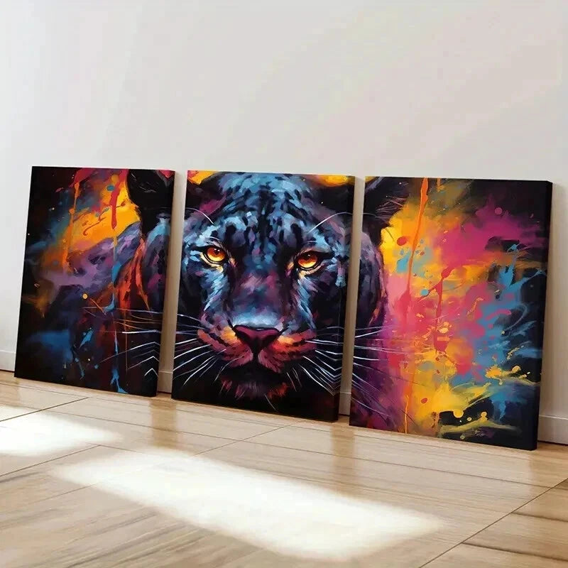 3pcs Black Panther Leopard Retro Watercolor Wall Art Set Canvas Framed 40x60cm - High Quality Print 100% Australian Made Wall Canvas Ready to Hang