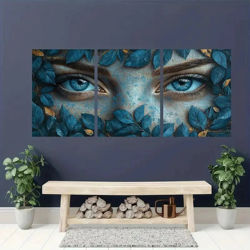 3pcs Mystical Blue Eyed Woman Leaf & Flower Metal Print Ready to Hang Art - Bella Home Decor