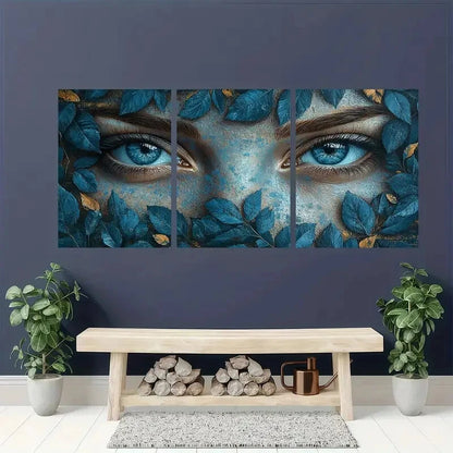 3pcs Mystical Blue Eyed Woman Leaf & Flower Metal Print Ready to Hang Art - Bella Home Decor
