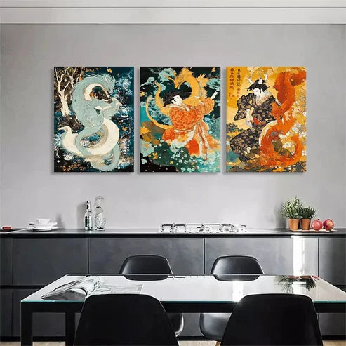 3pcs Japanese Mythology Geisha Dragon Perfect Art Set Canvas Unframed - High Quality Print 100% Australian Made Wall Canvas