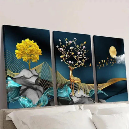 3pcs Elk & Flying Birds Full Moon Money Tree Wall Art Canvas Unframed – High Quality Print 100% Australian Made Wall Canvas