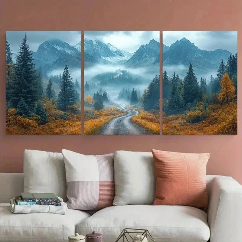 3pcs Winding Road Misty Rocky Mountains Perfect Wall Art Set Canvas Framed 50x70cm - High Quality Print 100% Australian Made Wall Canvas Ready to Hang