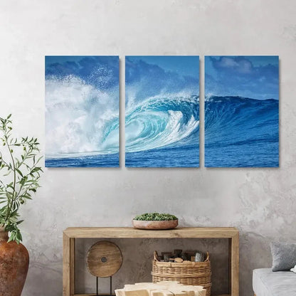 3pcs Modern Ocean Wave Blue Themed Metal Print Ready to Hang Art - Bella Home Decor