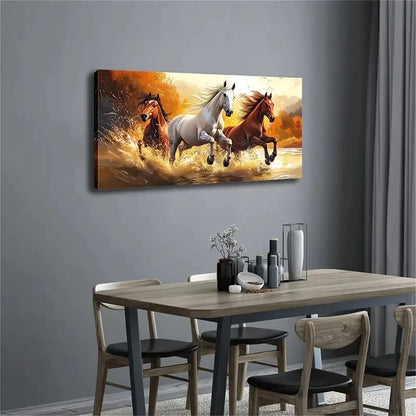 Majestic Three Galloping Horses Wall Art Canvas Office Home Room Framed 120x60cm - Bella Home Decor