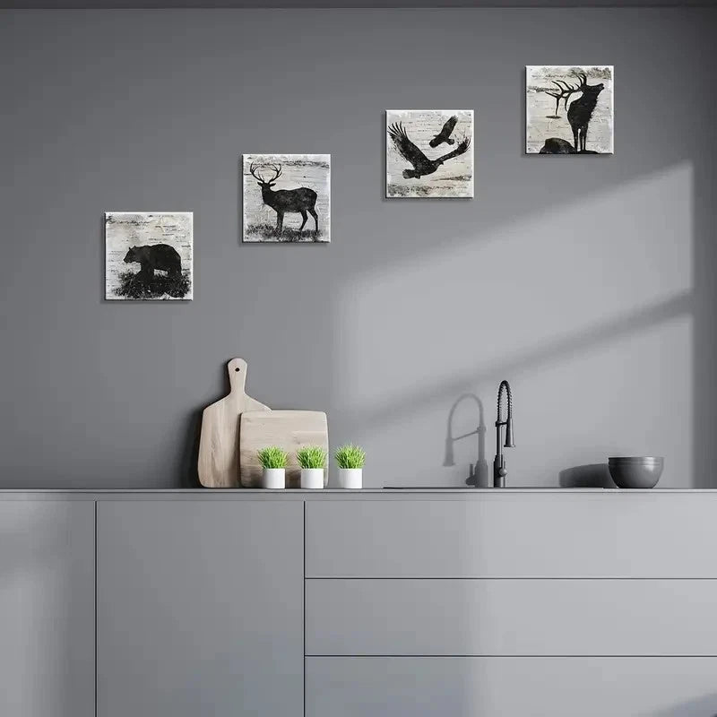 4pcs Black Bear Deer Moose Elk Wall Art Canvas Framed