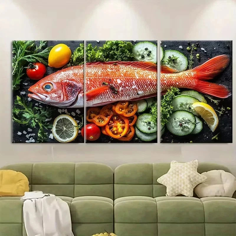 3pcs Red Fish Seafood Vegetables Wall Art Set Canvas Framed 50x70cm - High Quality Print 100% Australian Made Wall Canvas Ready to Hang