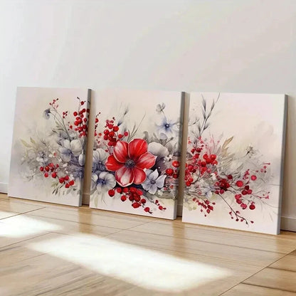 3pcs Red Flower Bouquet Abstract Floral Wall Art Set Canvas Framed 50x70cm - High Quality Print 100% Australian Made Wall Canvas Ready to Hang - Bella Home Decor