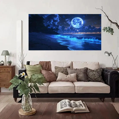 Moon Beach Night Sky Wall Art Canvas Office Home Room Framed 120x60cm