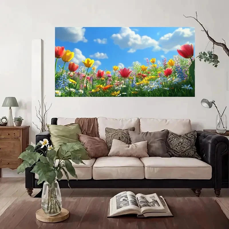 Spring Tulip Garden Blooming Wall Art Canvas Office Home Room Framed 120x60cm