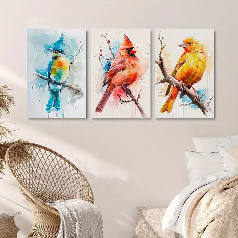 3pcs Colourful Bird Painting Blue & Yellow Metal Print Ready to Hang Art - Bella Home Decor