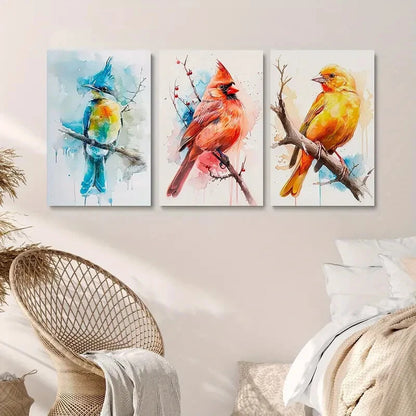 3pcs Colourful Bird Painting Blue & Yellow Metal Print Ready to Hang Art - Bella Home Decor