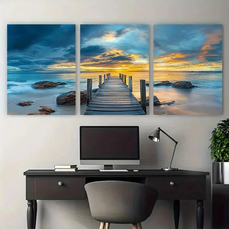 3pcs Australian Phillip Island Sunset Pier  Wall Art Set Canvas Framed 60x90cm - High Quality Print 100% Australian Made Wall Canvas Ready to Hang - Bella Home Decor
