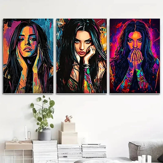 3pcs Abstract Female Face Graffiti AFF Wall Art Canvas Framed 40x60cm - High Quality Print 100% Australian Made Wall Canvas Ready to Hang
