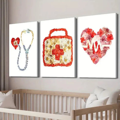 3pcs Floral Stethoscope Heartbeat Design Perfect Wall Art Canvas Unframed - High Quality Print 100% Australian Made Wall Canvas