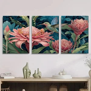 3pcs Tropical Torch Ginger & Hummingbird Wall Art Set Canvas Framed 60x90cm - High Quality Print 100% Australian Made Wall Canvas Ready to Hang