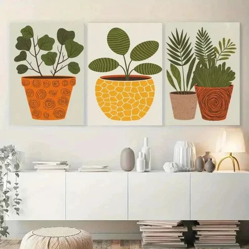 3pcs Green Leaves in Orange, Yellow & Brown Pot Wall Art Canvas Unframed - High Quality Print 100% Australian Made Wall Canvas