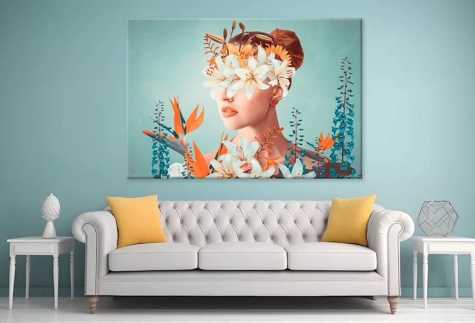 Young Woman With Flowers Portrait Wall Art Decor 100% Australian Made - Bella Home Decor
