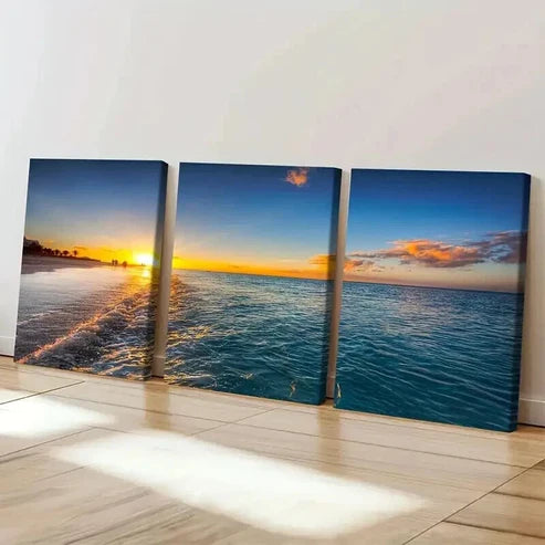 3pcs Beach with Yellow and Blue Skies Wall Art Canvas Unframed - High Quality Print 100% Australian Made Wall Canvas - Bella Home Decor