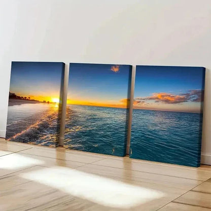 3pcs Beach with Yellow and Blue Skies Wall Art Canvas Unframed - High Quality Print 100% Australian Made Wall Canvas - Bella Home Decor