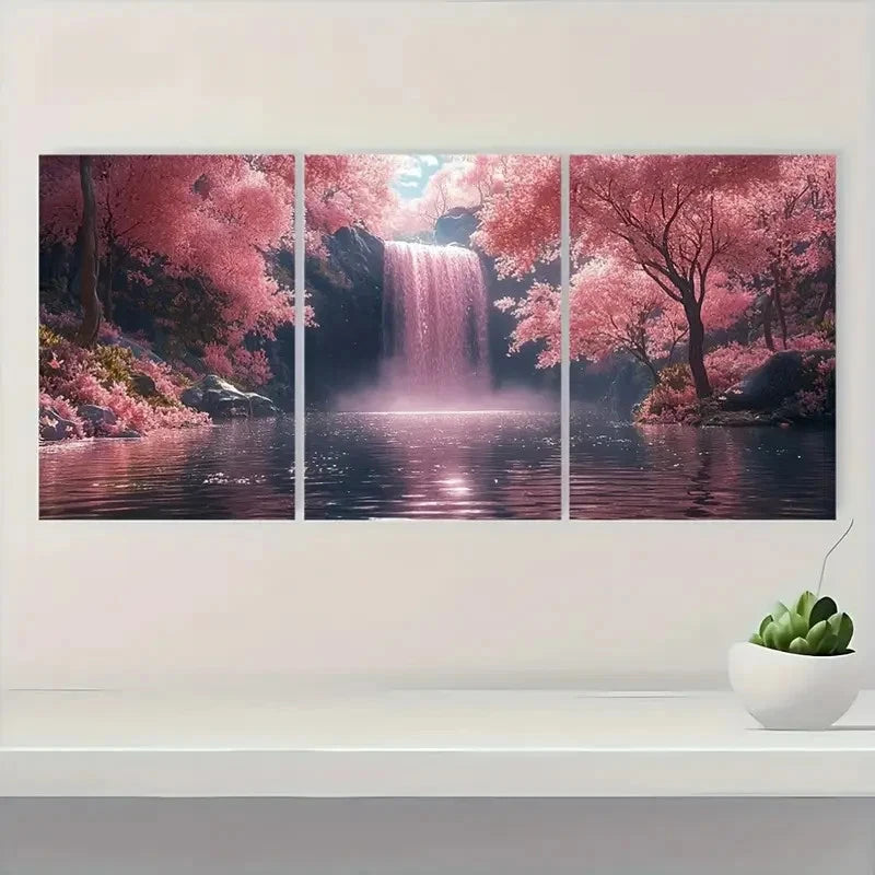 3pcs Pink Waterfall   Waterfall & Lush TY Wall Art Set Canvas Framed 40x60cm - High Quality Print 100% Australian Made Wall Canvas Ready to Hang - Bella Home Decor