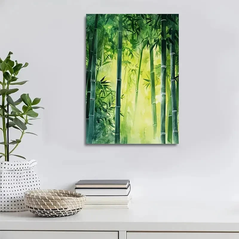 Vibrant Green Bamboo & Foliage Design Painting 40x60cm Metal Print Ready to Hang - Bella Home Decor