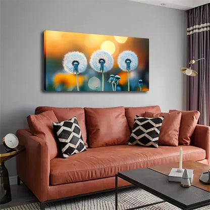 Three Full Dandelions Fluffy Wall Art Canvas Office Home Room Framed 120x60cm - Bella Home Decor