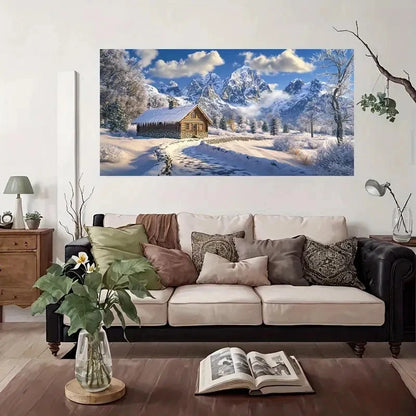 Snow Winter House Scene Wall Art Canvas Office Home Room Framed 120x60cm
