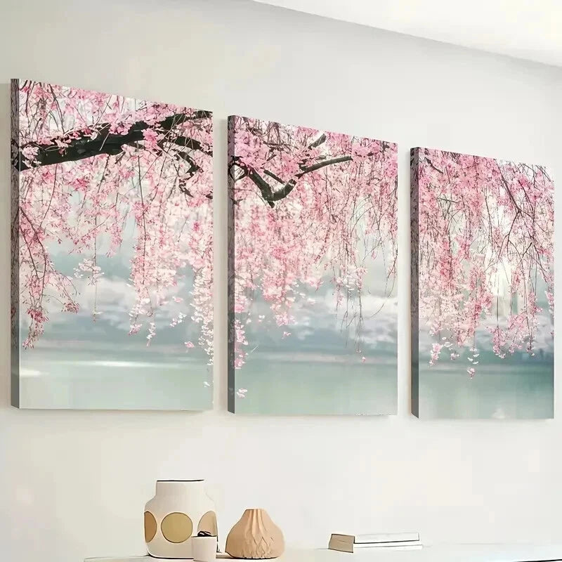 3pcs Pink Willow Landscape Serene Nature Wall Art Set Canvas Framed 60x90cm - High Quality Print 100% Australian Made Wall Canvas Ready to Hang