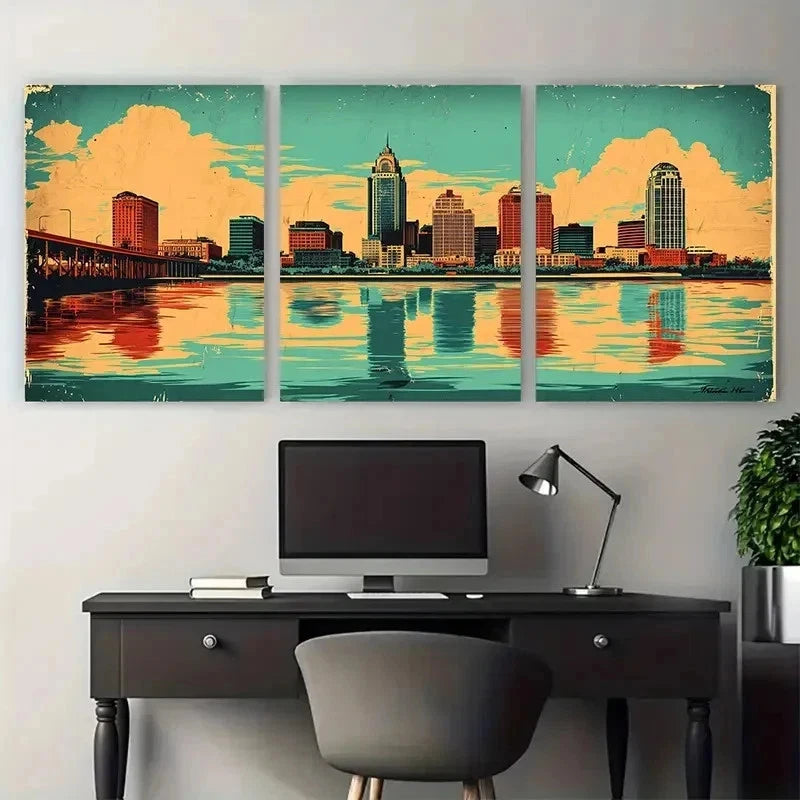 3pcs Vintage Kentucky Cityscape River Perfect Wall Art Set Canvas Framed 50x70cm - High Quality Print 100% Australian Made Wall Canvas Ready to Hang