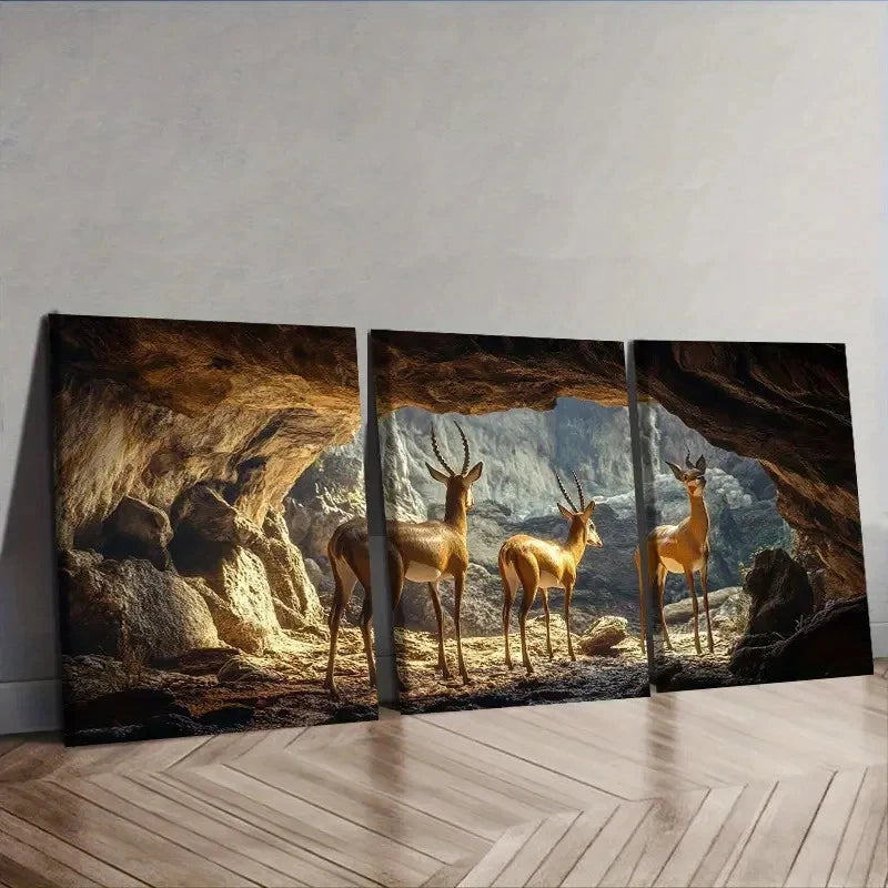 3pcs A group of antelope in the cave Wall Art Set Canvas Framed 60x90cm - High Quality Print 100% Australian Made Wall Canvas Ready to Hang - Bella Home Decor