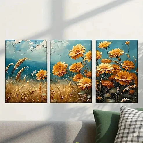 3pcs Yellow Flowers in a Field & Blue Sky Wall Art Canvas Unframed - High Quality Print 100% Australian Made Wall Canvas
