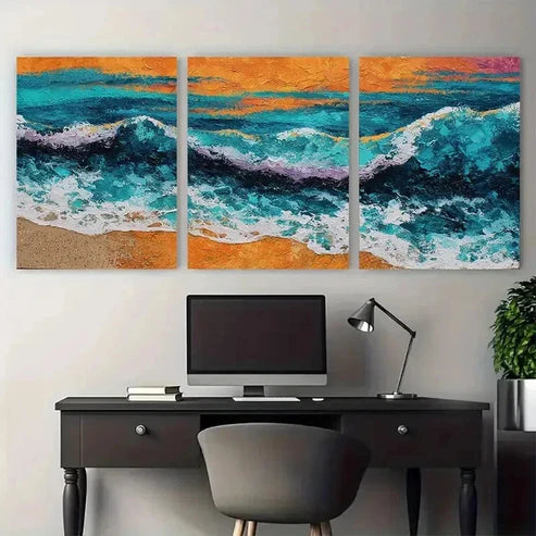 3pcs Orange Sunset Seascape Acrylic Wall Art Set Canvas Unframed - High Quality Print 100% Australian Made Wall Canvas