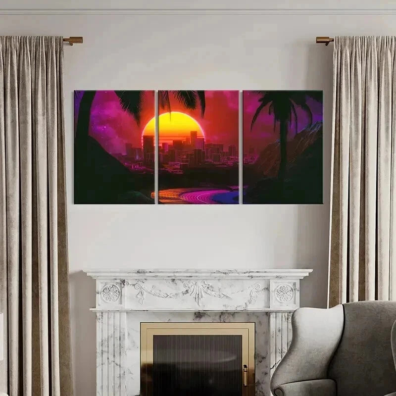 3pcs Sunset Cityscape Vaporwave Aesthetic Wall Art Set Canvas Framed 50x70cm - High Quality Print 100% Australian Made Wall Canvas Ready to Hang - Bella Home Decor